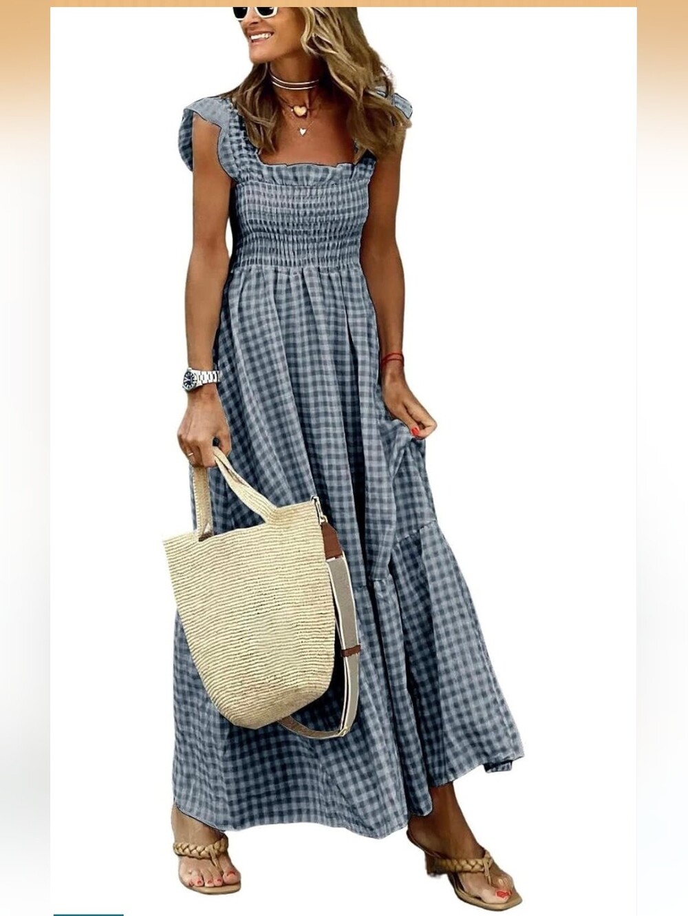 CHOUYATOU Smocked, Gingham, Square-Neck Maxi Dress